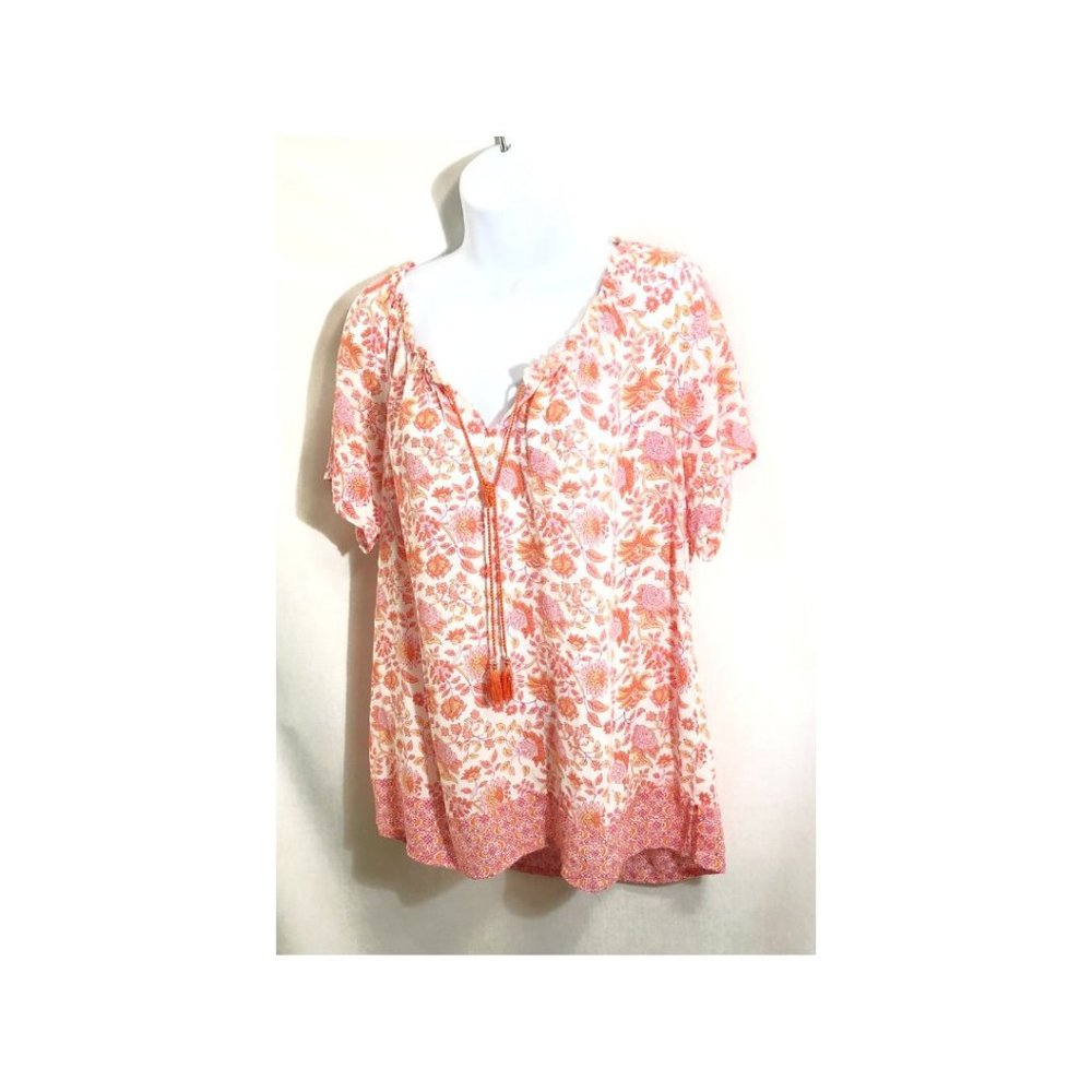 J. Jill Boho Peasant Tunic Top Size L  Large Pink Orange Floral Print - Picture 3 of 10
